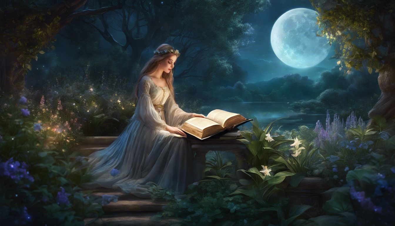 A moonlit garden with herbs and a Bible, depicting serenity.
