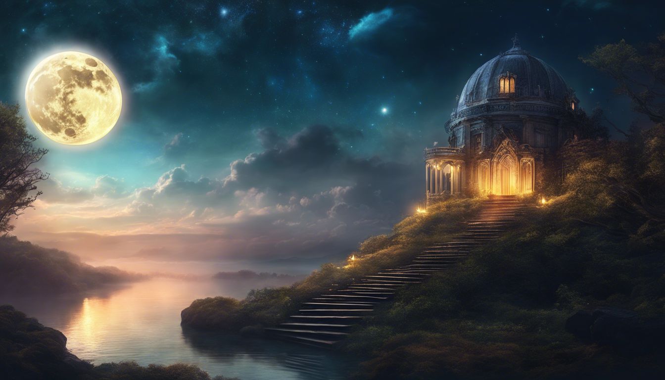 A mystical moonlit landscape with glowing staircase leading to the sky.