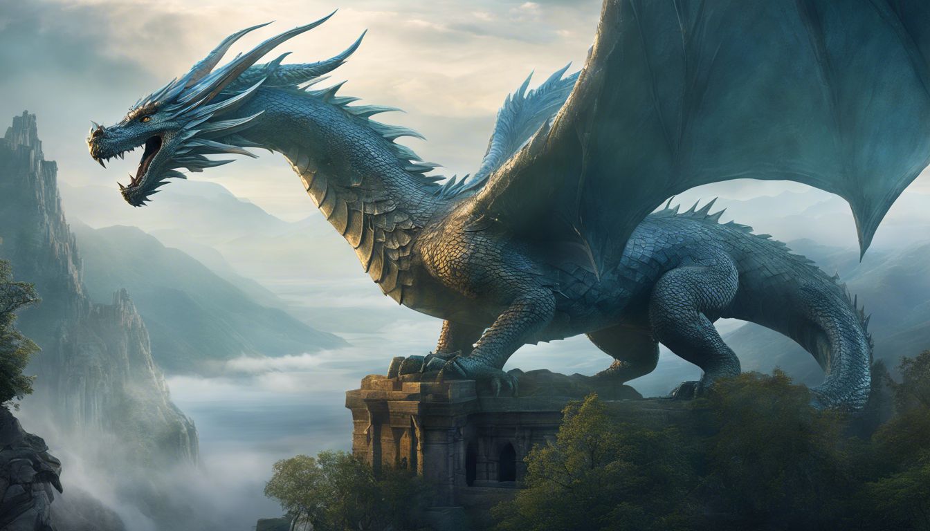 A dragon statue in ancient ruins surrounded by misty mountains.