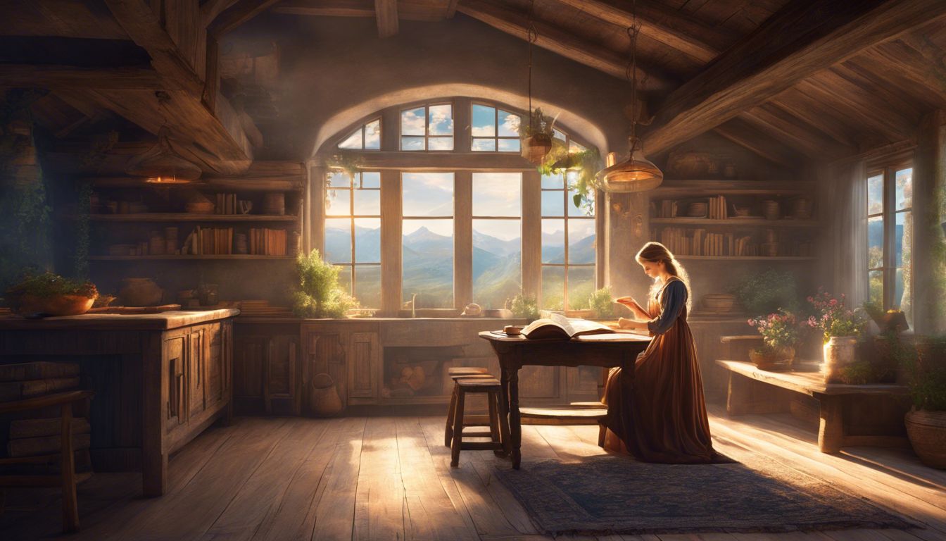A woman reading the Bible in a cozy rustic kitchen.