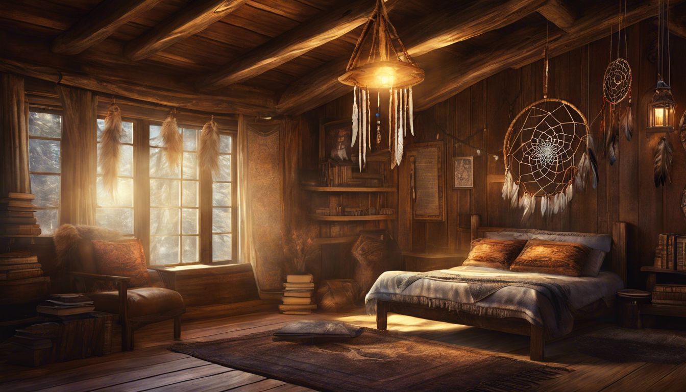A dream catcher hangs in a rustic cabin with Bible scriptures.