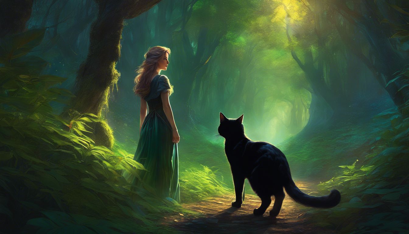 A woman and a black cat exploring a mysterious forest.