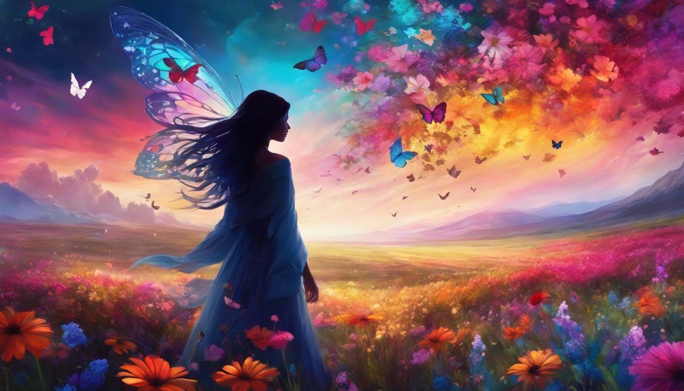 A person stands in a flowery field with butterflies, evoking peace.