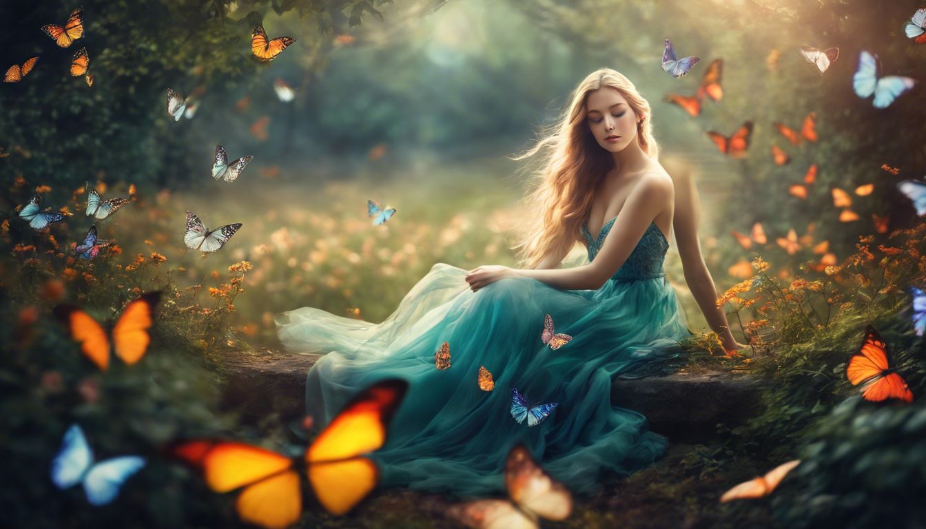 A person sitting in a peaceful garden surrounded by butterflies.
