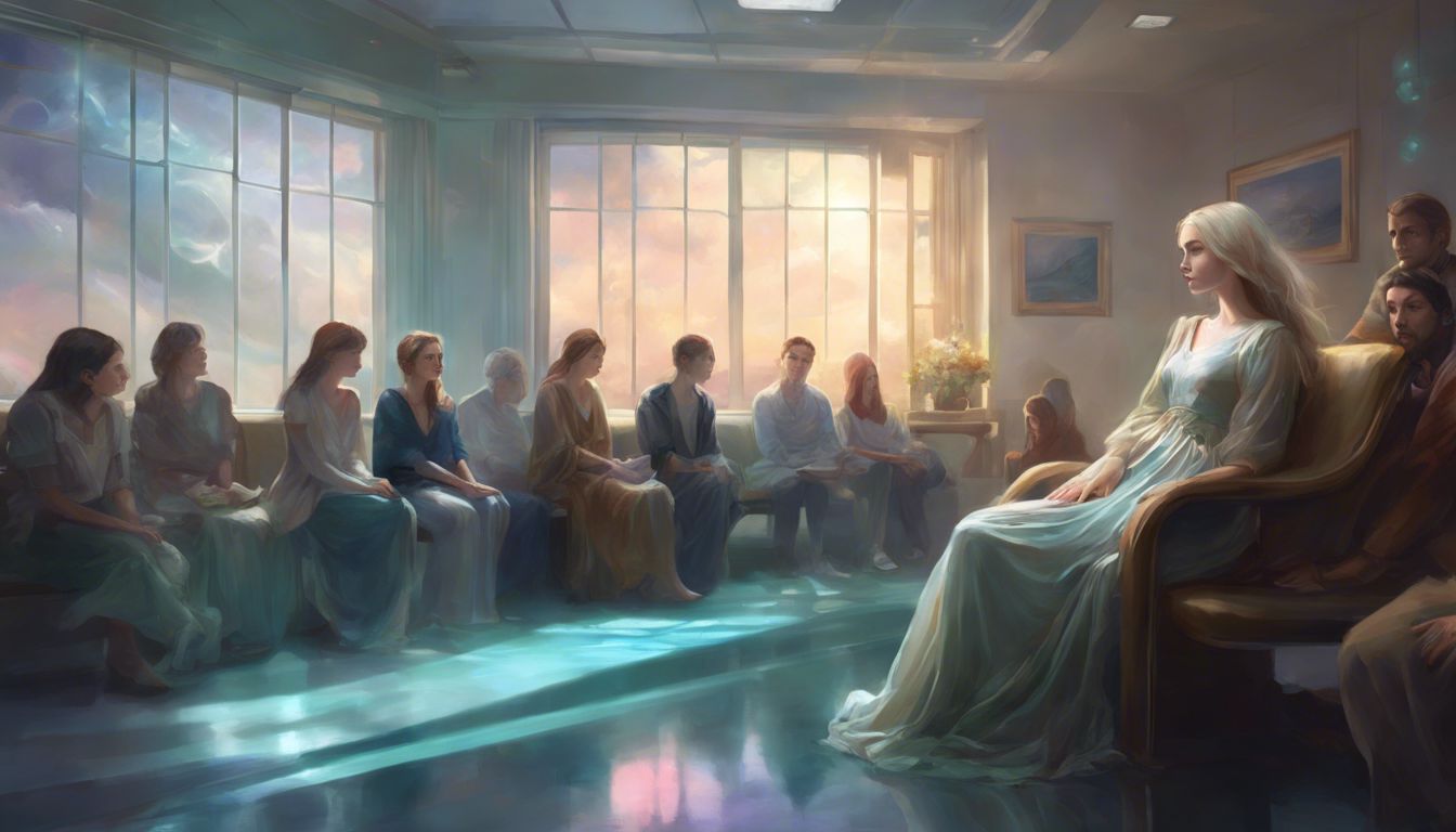A worried person in a hospital waiting room supported by loved ones.