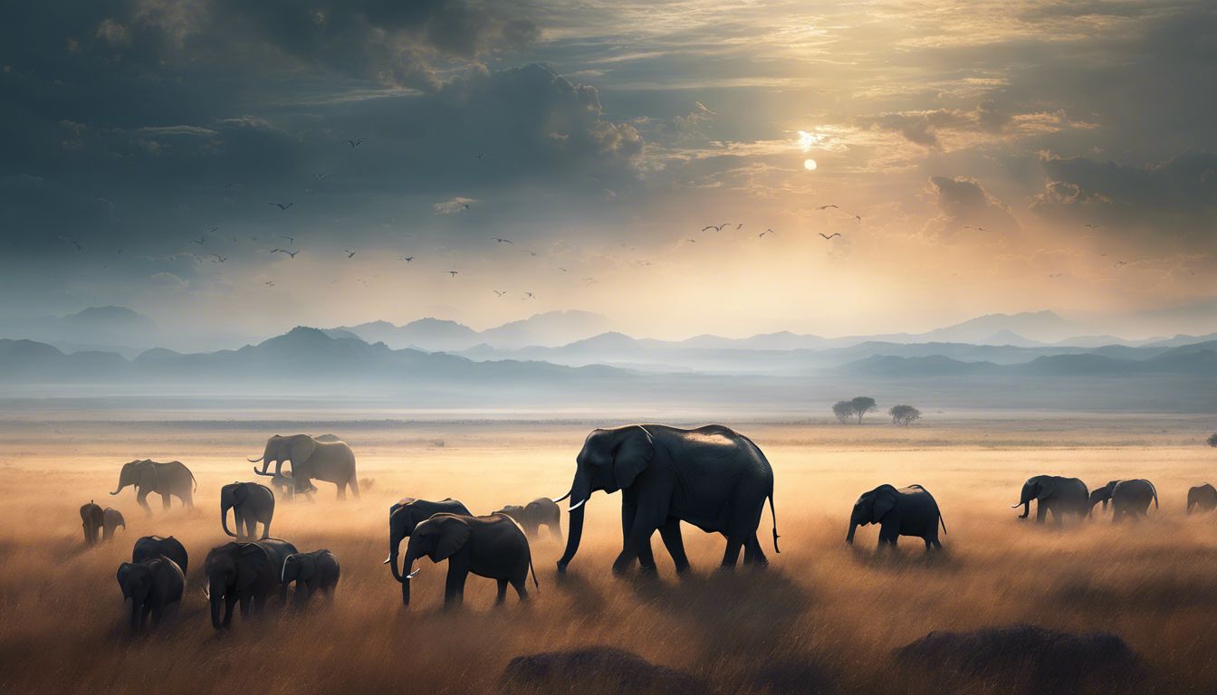A person stands in a field with elephants, showcasing harmony with nature.