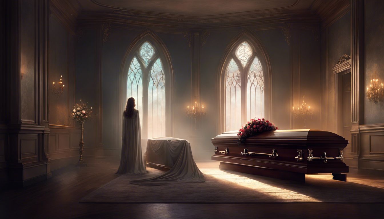 A person grieving alone in a funeral home, looking at a casket.