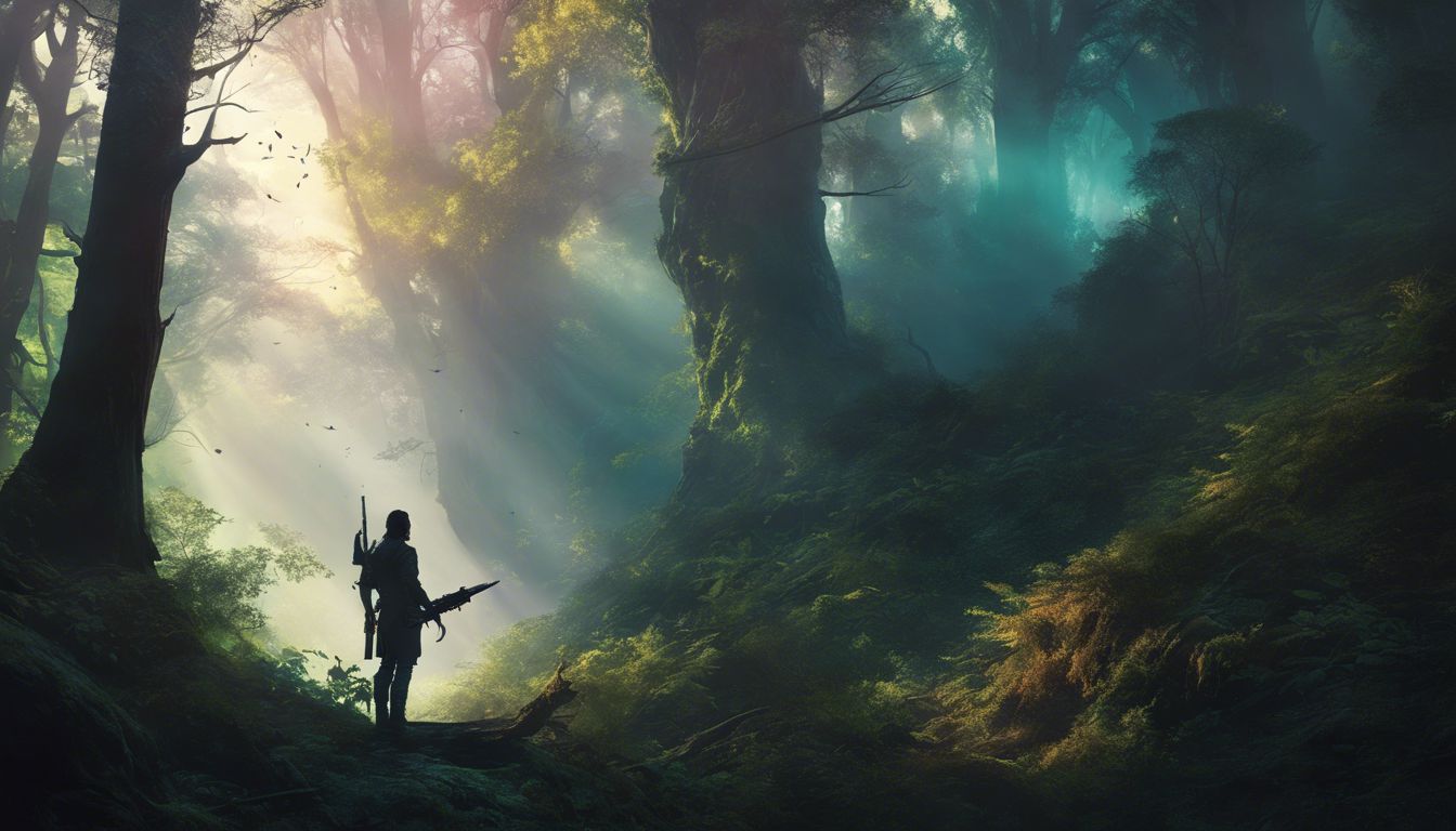 A person in a dimly lit forest holding a gun.
