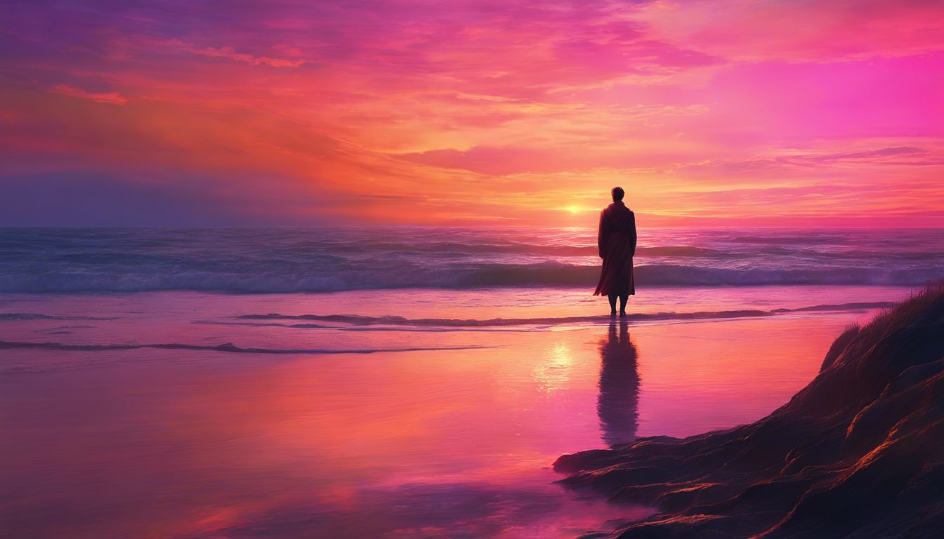 A person standing on a calm shoreline at sunset.