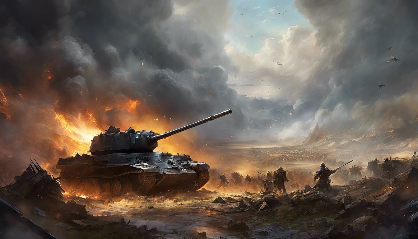 A devastated battlefield with destroyed weaponry and smoke-filled skies.