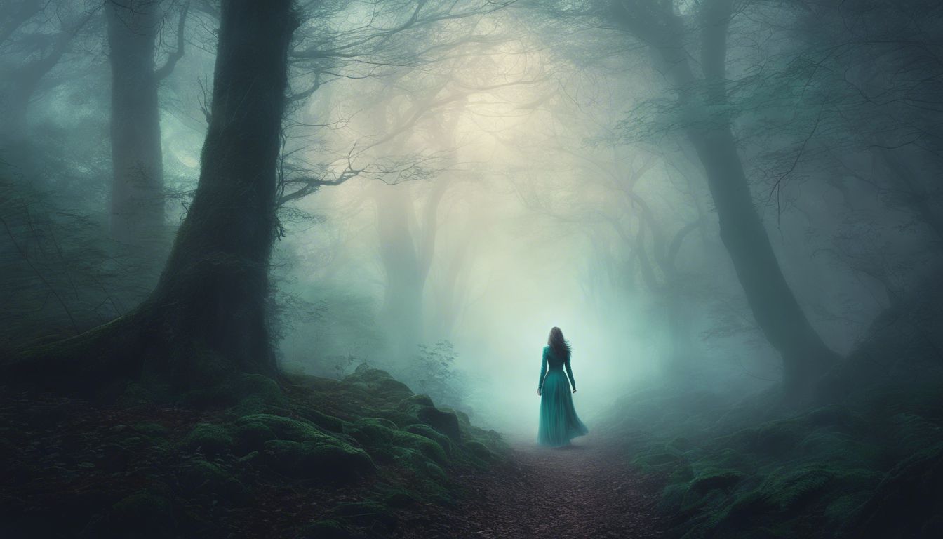 A woman walks through a misty forest with mysterious figures.