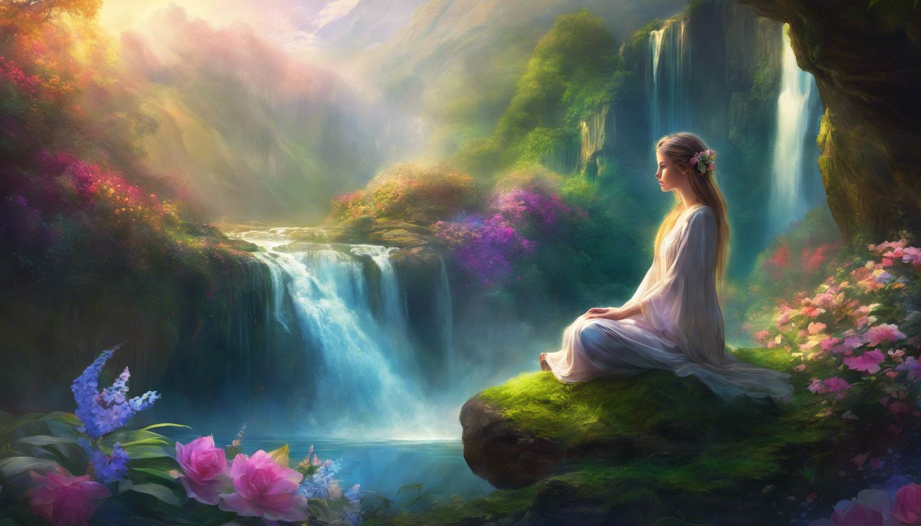 A person meditating in a peaceful natural setting surrounded by waterfalls.