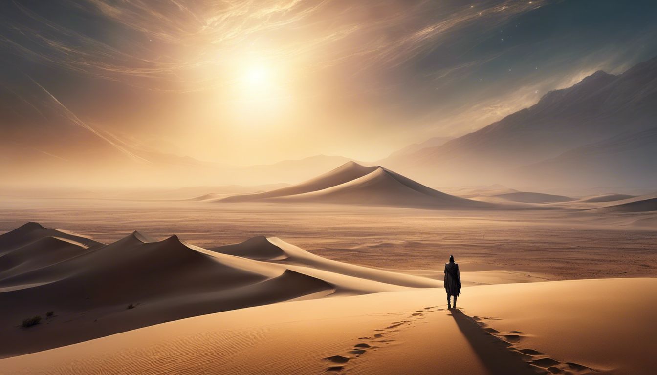 A solitary figure gazes into the endless desert expanse, lost in thought.