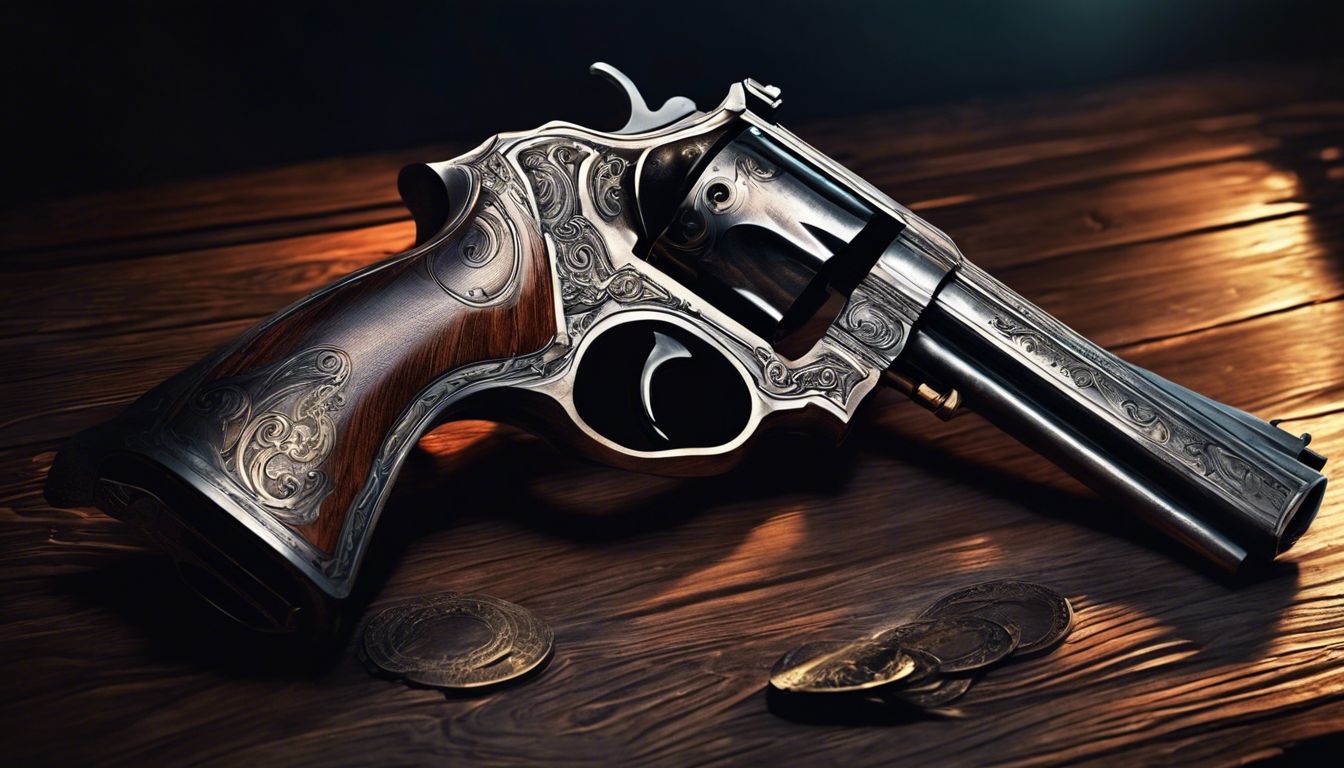 An antique revolver resting on a wooden table in dim lighting.