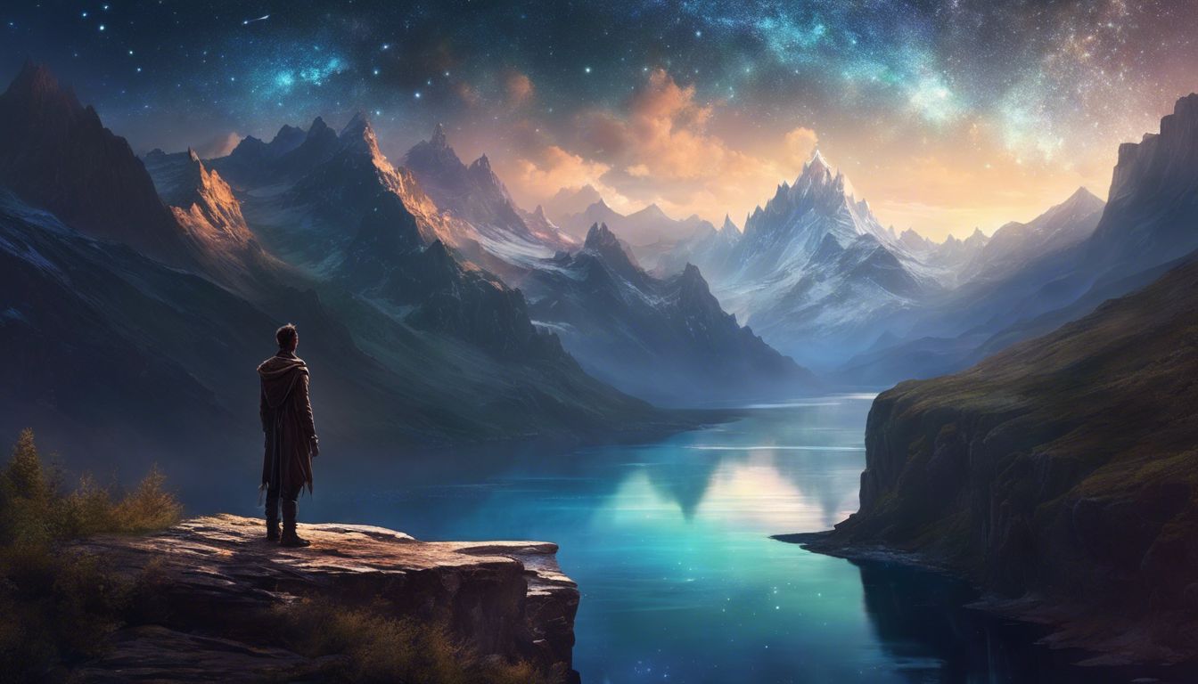 A person standing on a cliff, looking at the starry sky.