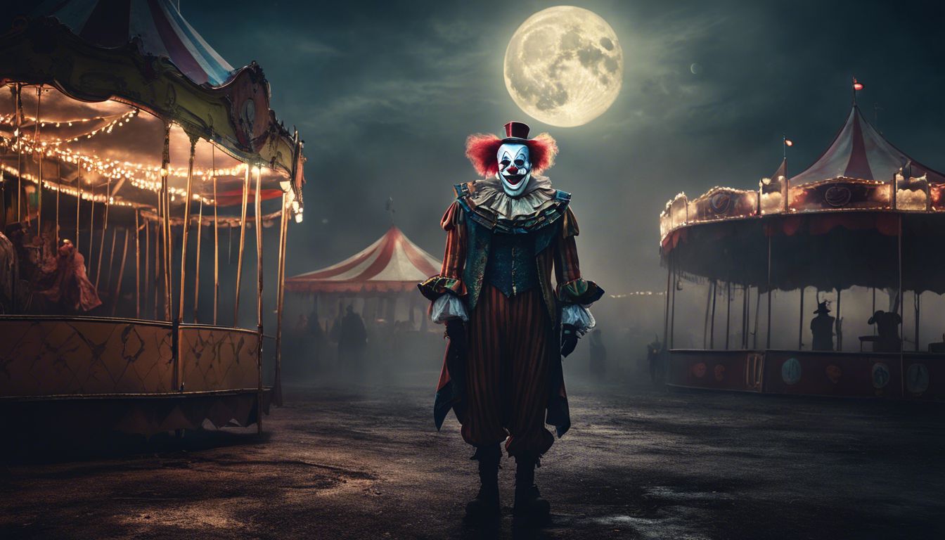 An eerie clown stands in an abandoned carnival at night.