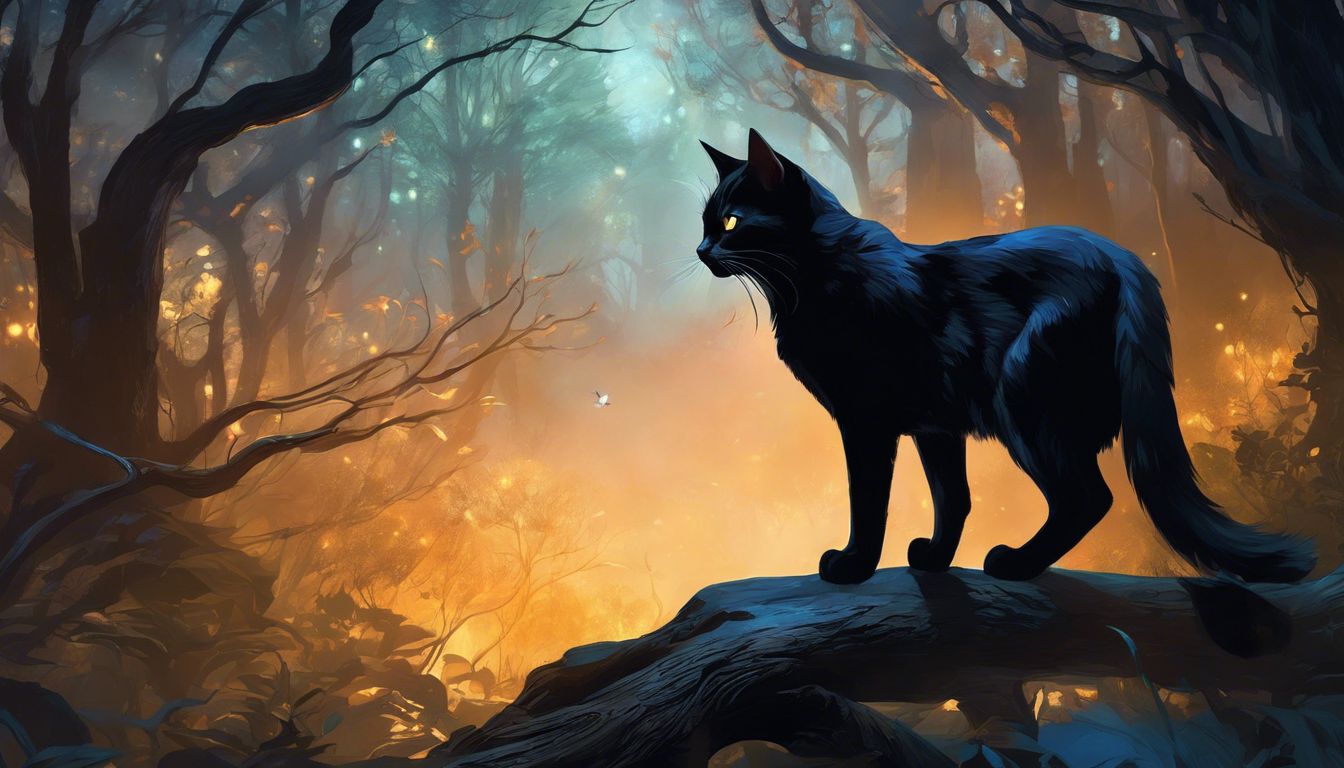 A black cat prowls through a mysterious forest at night.