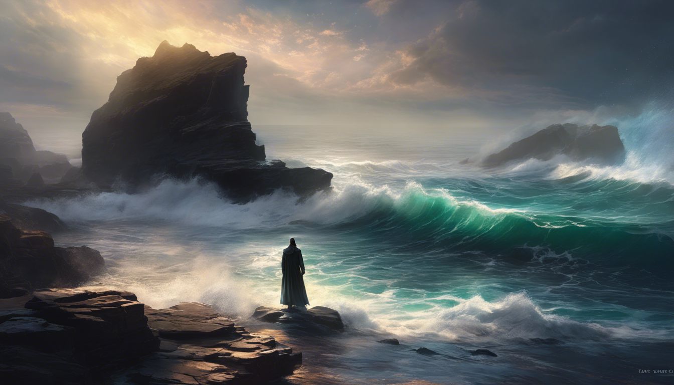 A person standing alone on a rocky shore, facing turbulent waves.