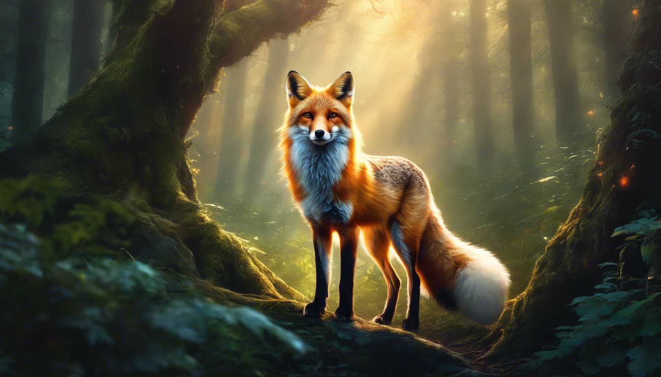 A majestic fox standing in a mystical forest, exuding an intense gaze.