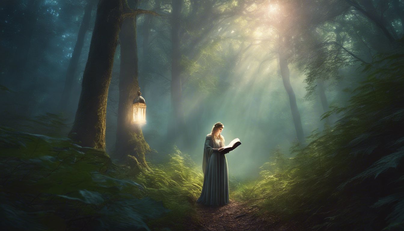 A person holding a glowing Bible in a misty forest.