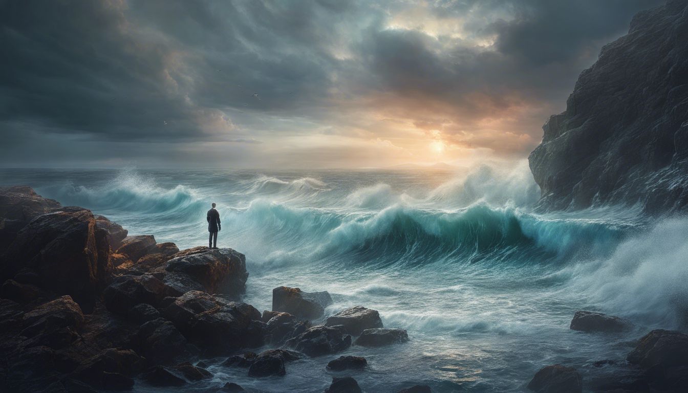 A person standing on a rocky shore facing stormy waves.