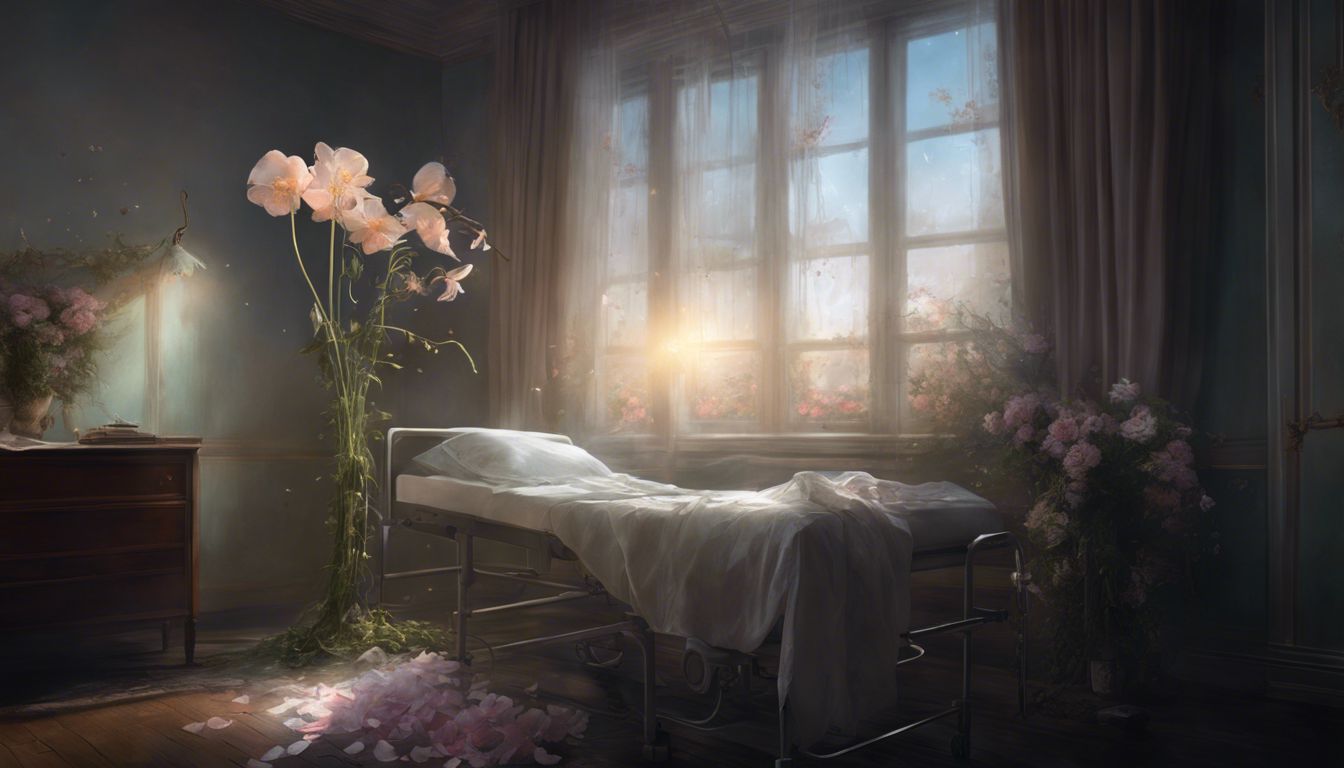 A wilting flower in a hospital room symbolizes fragility and fading.