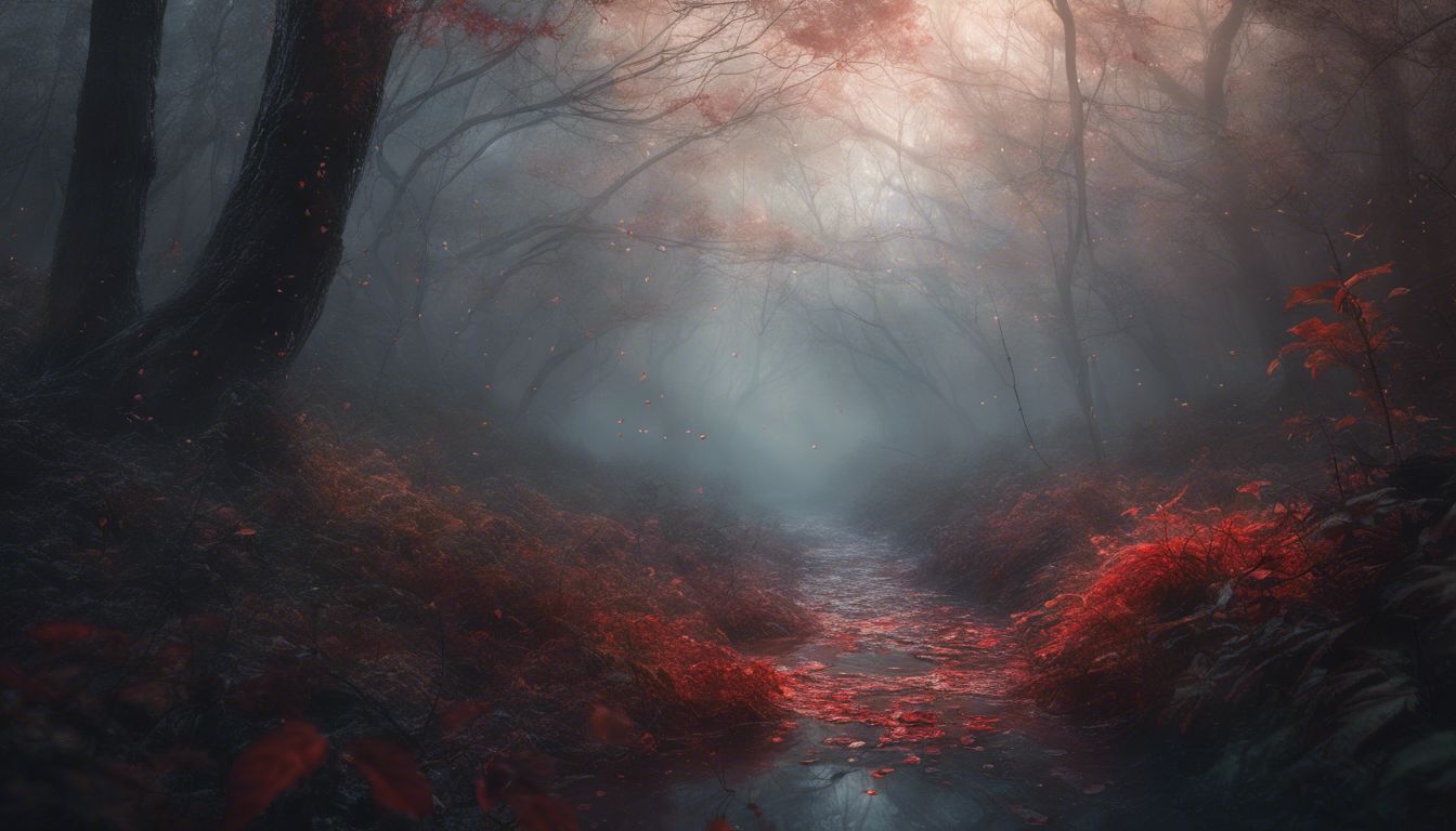 Bloody tissue in misty forest, delicate spider webs, conveying tranquility and introspection.