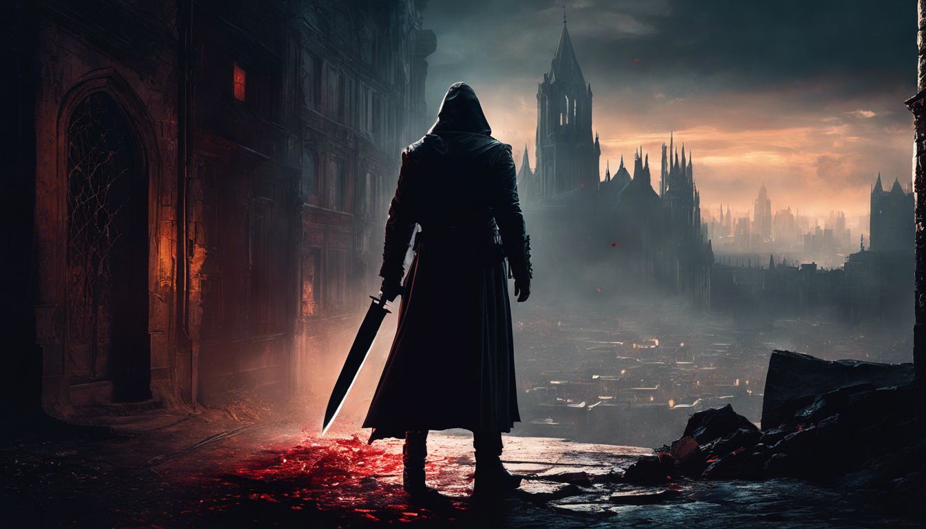 A person holding a bloodied knife in a dark city alley.
