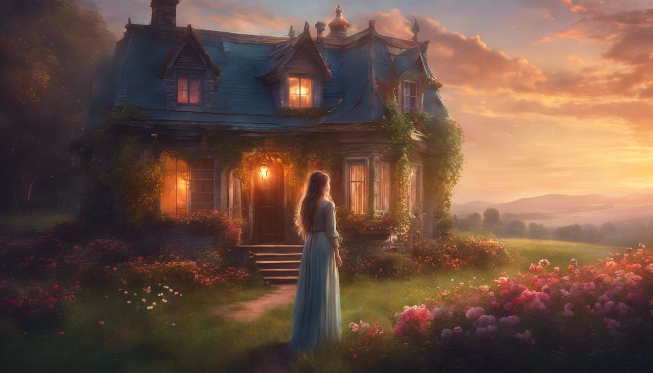 A young woman nostalgically gazes at her childhood home at sunset.