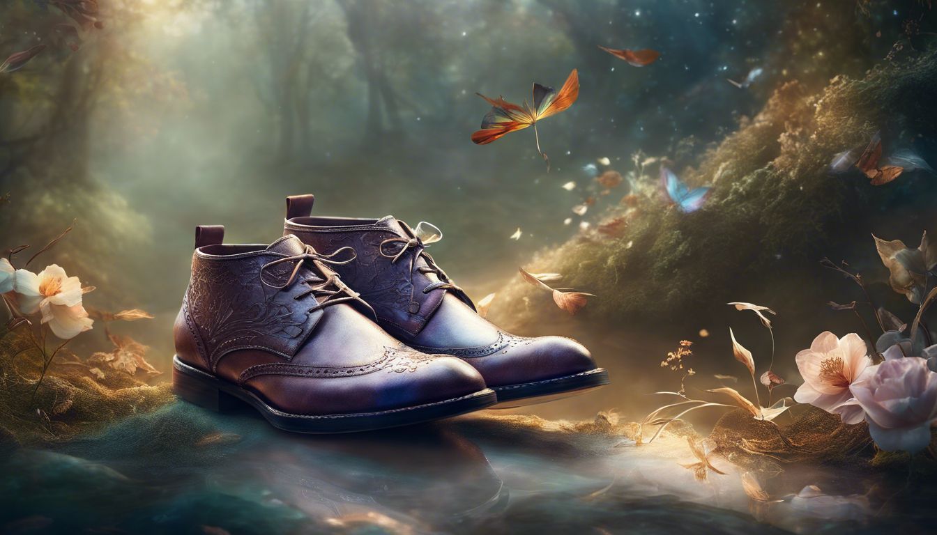 Different styles of shoes are displayed on a nature-themed background.