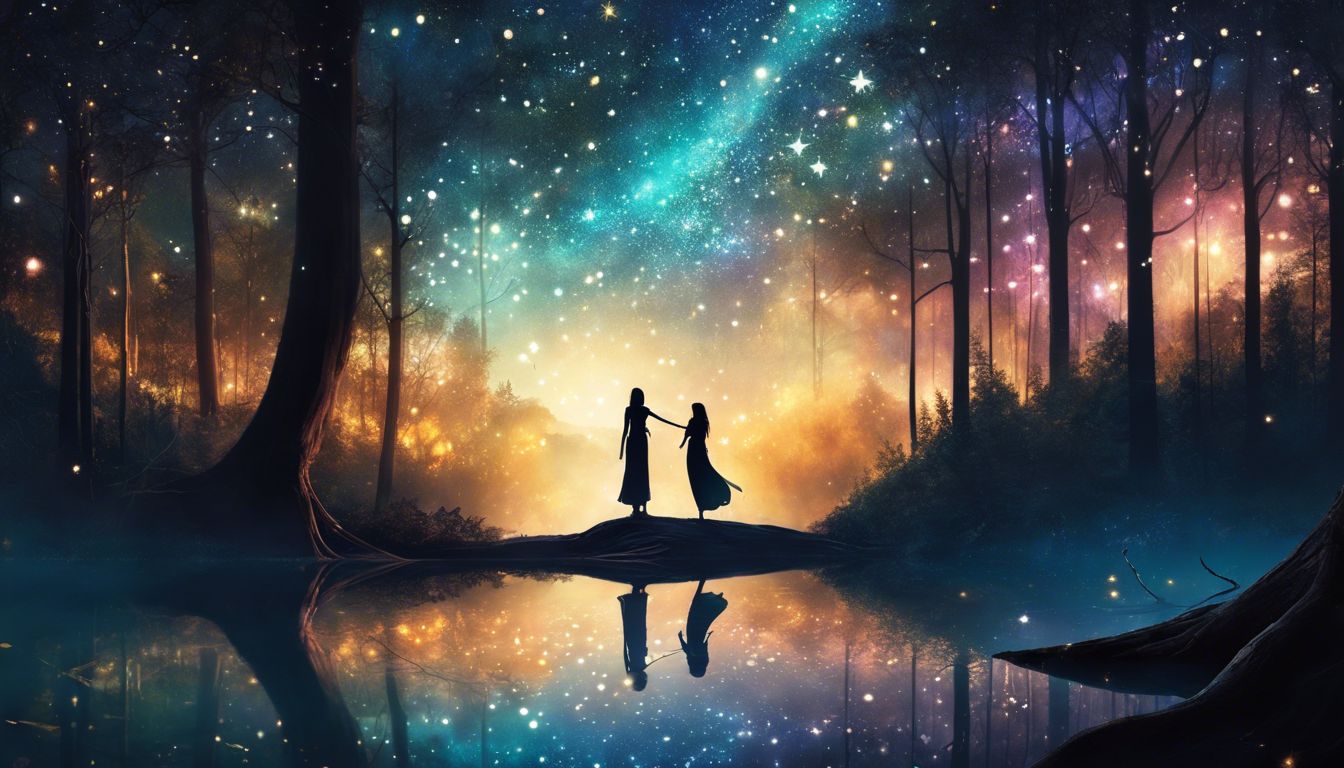 Two silhouetted figures in a serene, starry forest at night.