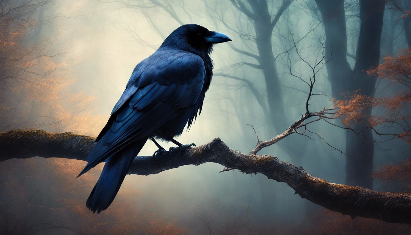 A crow perched on a tree branch in a mystical, eerie forest.