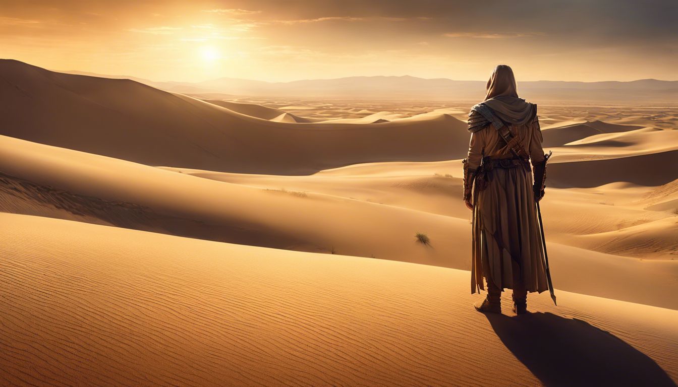 A person standing alone in a desert surrounded by scorpions.