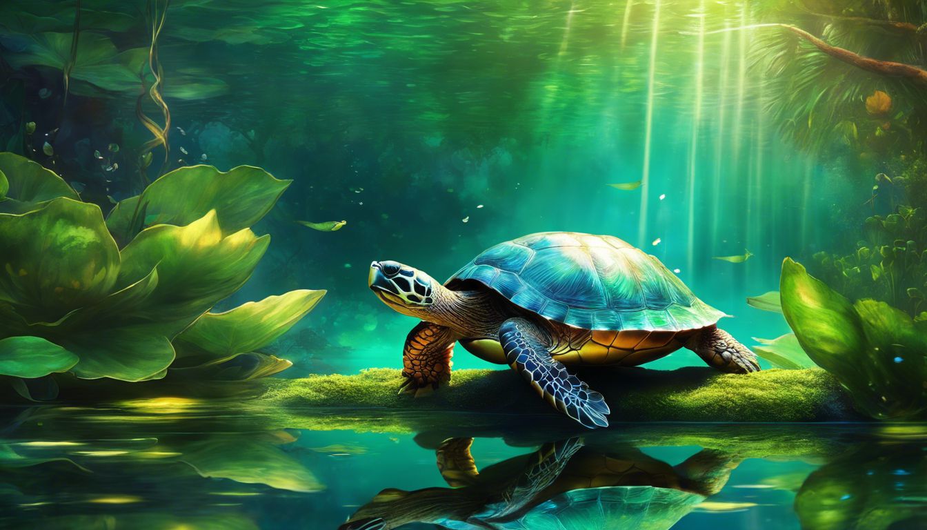 A serene turtle in a lush pond surrounded by vibrant plants.