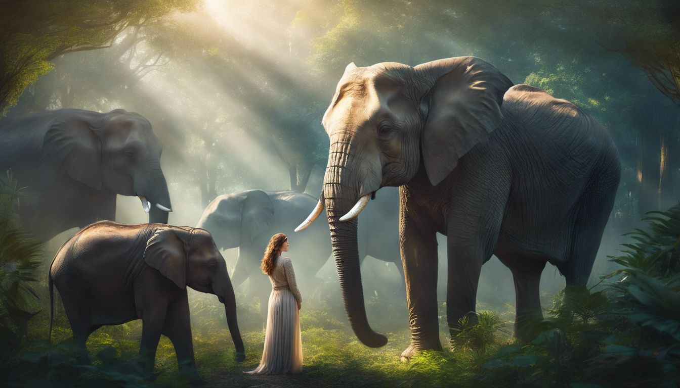 A woman standing among elephants in a serene forest.