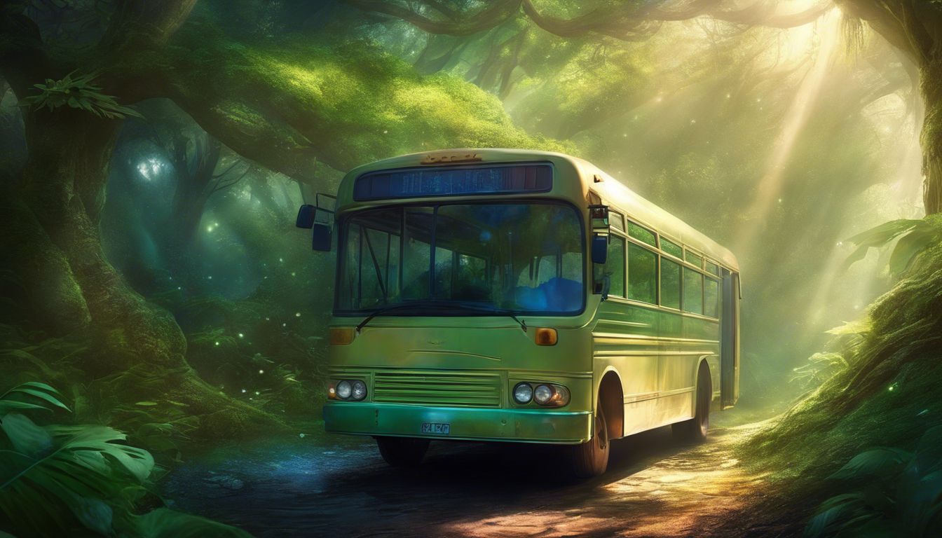 A bus parked in a serene natural environment.