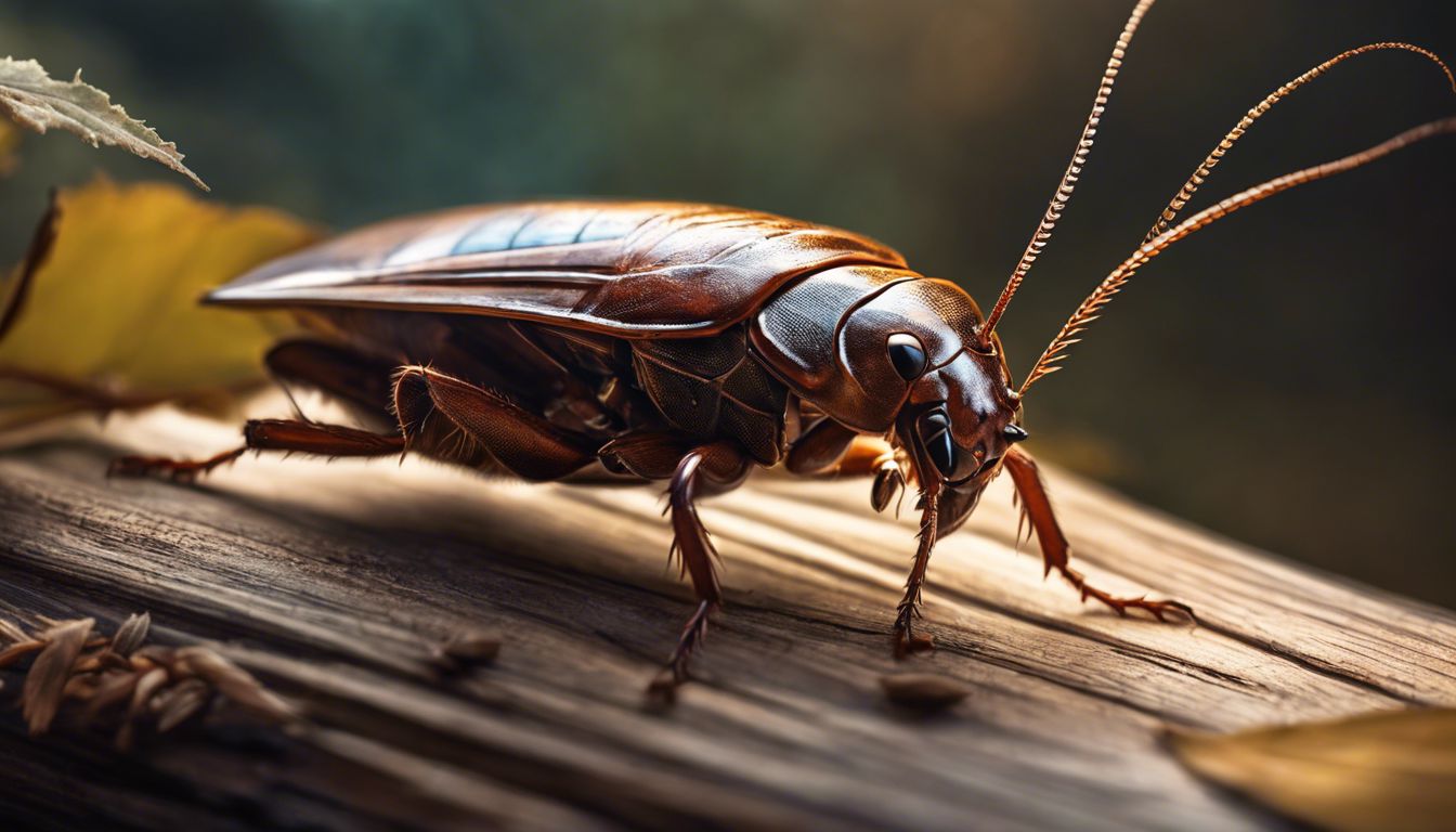 Close-up of a cockroach on a wooden surface with debris.