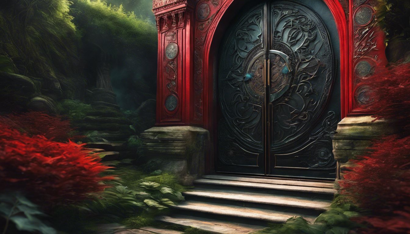 A mystical red and black door surrounded by lush greenery.