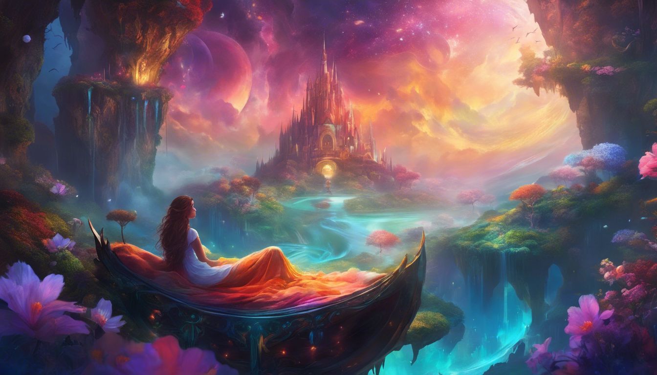 A person peacefully sleeps in a surreal dreamland with mythical creatures.