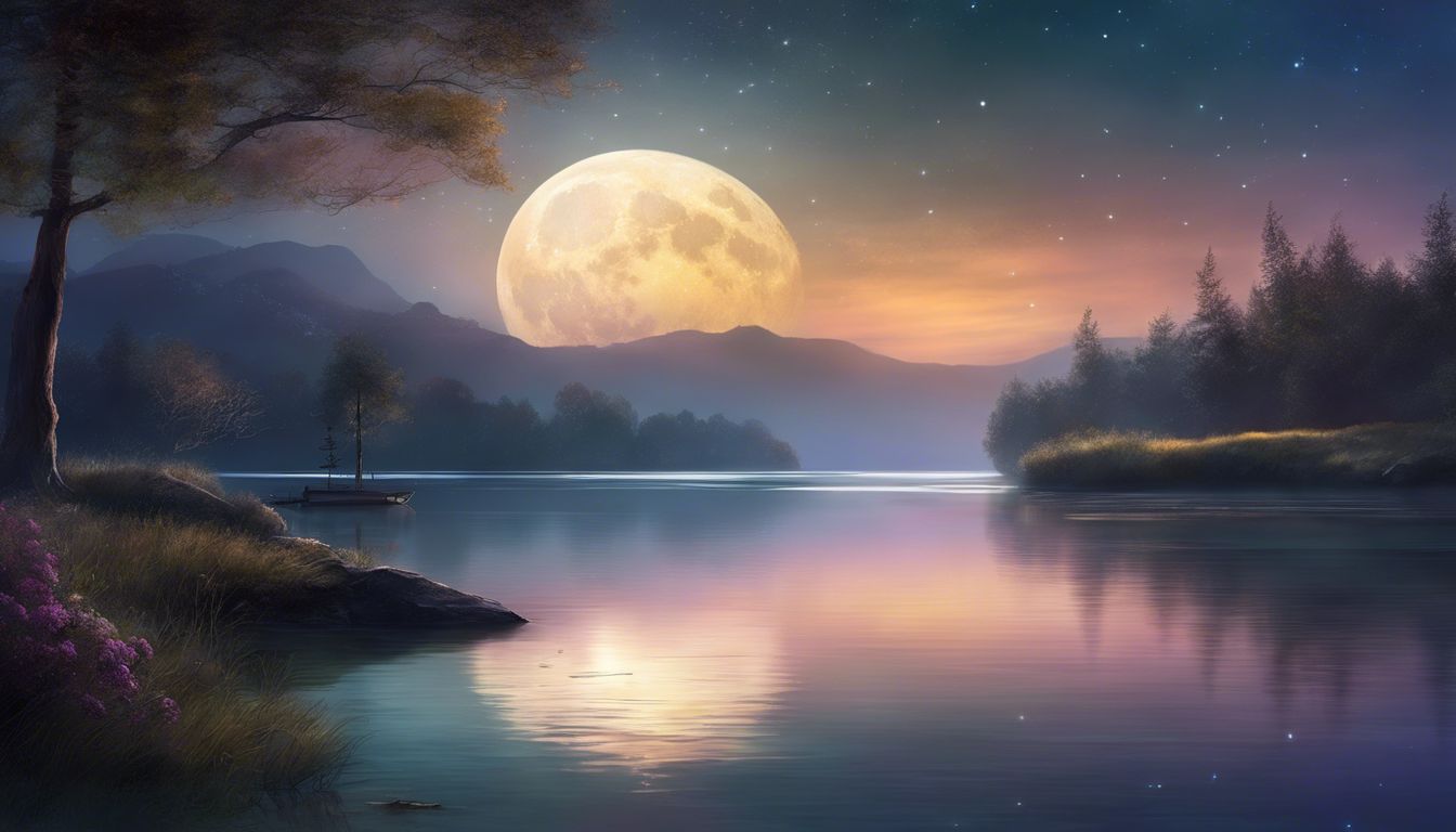 The serene night scene shows a crescent moon shining over calm water.