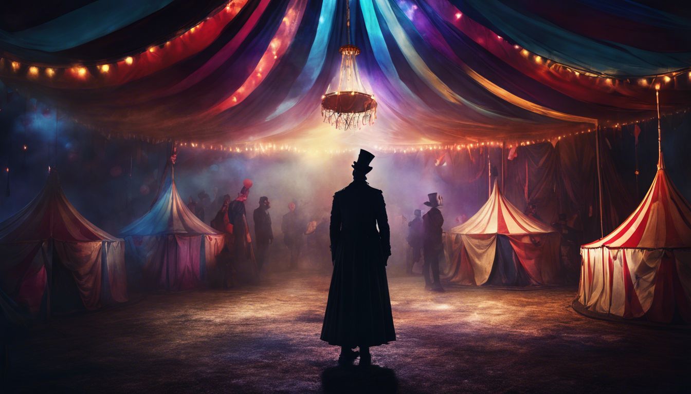 A person standing in a creepy circus tent surrounded by clown silhouettes.