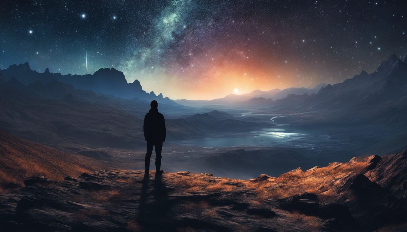 A solitary figure gazes at the vast night sky in a desolate landscape.