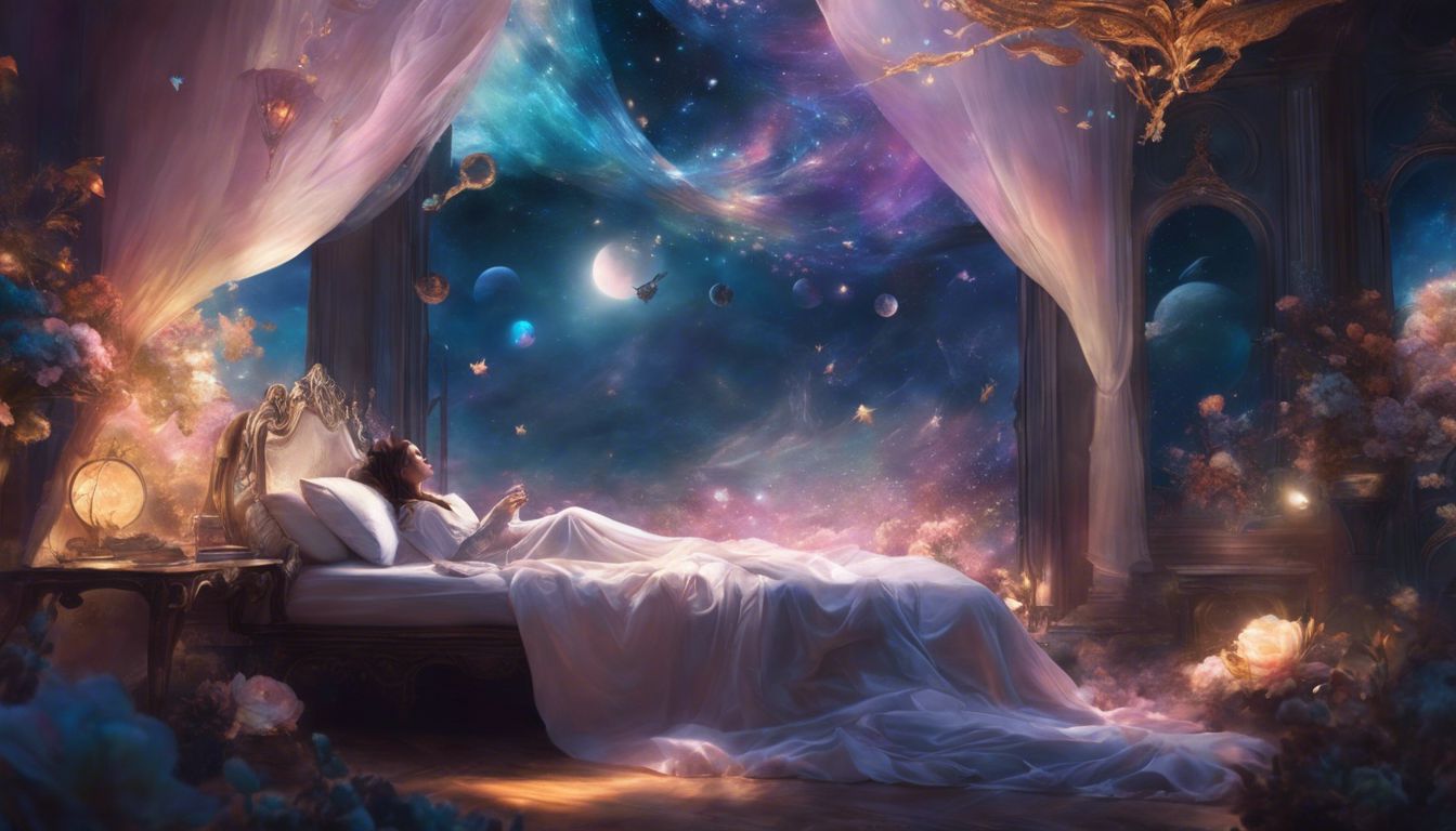 A person lies in bed, surrounded by dream-like imagery, feeling tranquil.