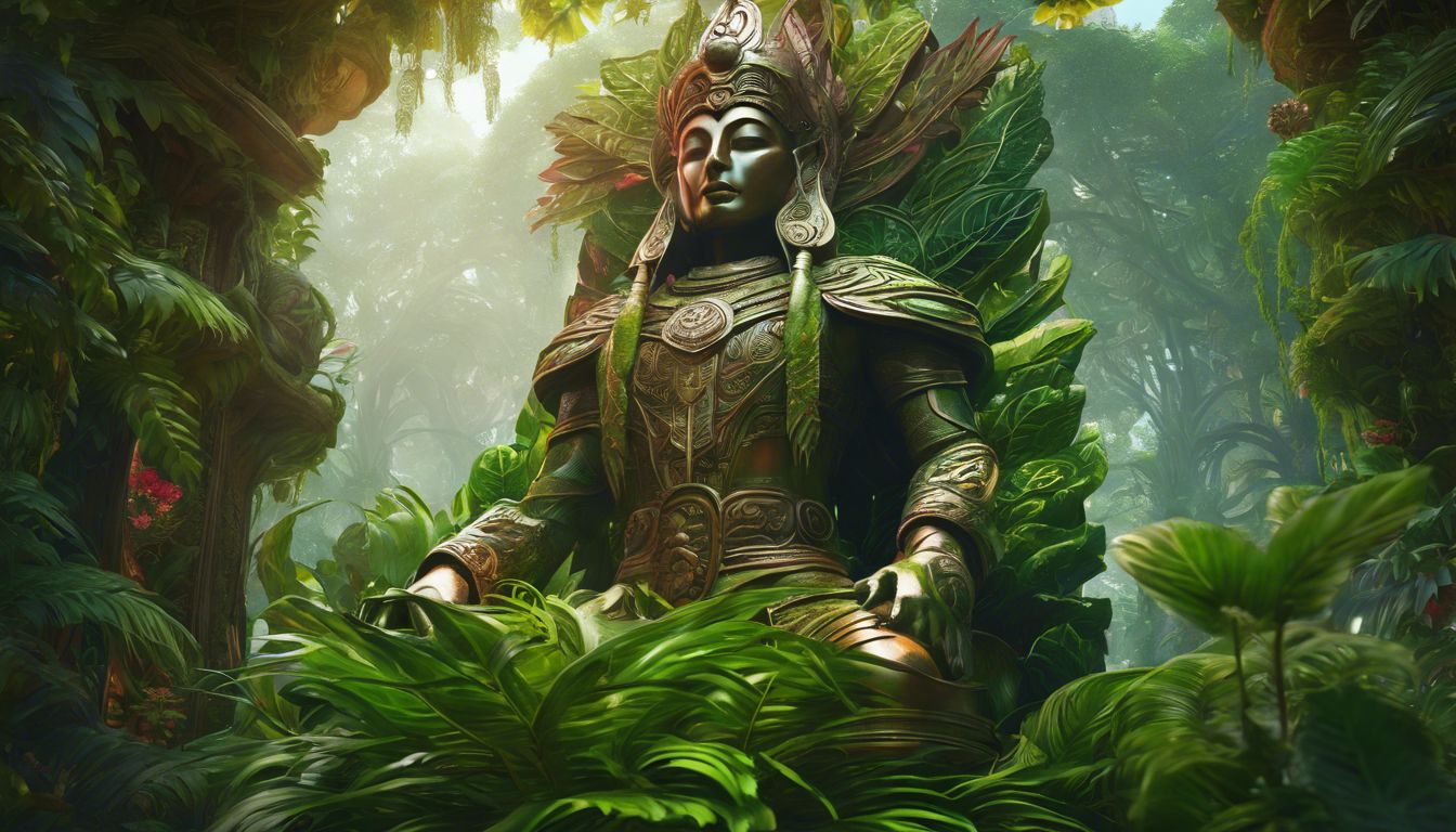 An intricately carved wooden statue of Elegua surrounded by vibrant green plants.