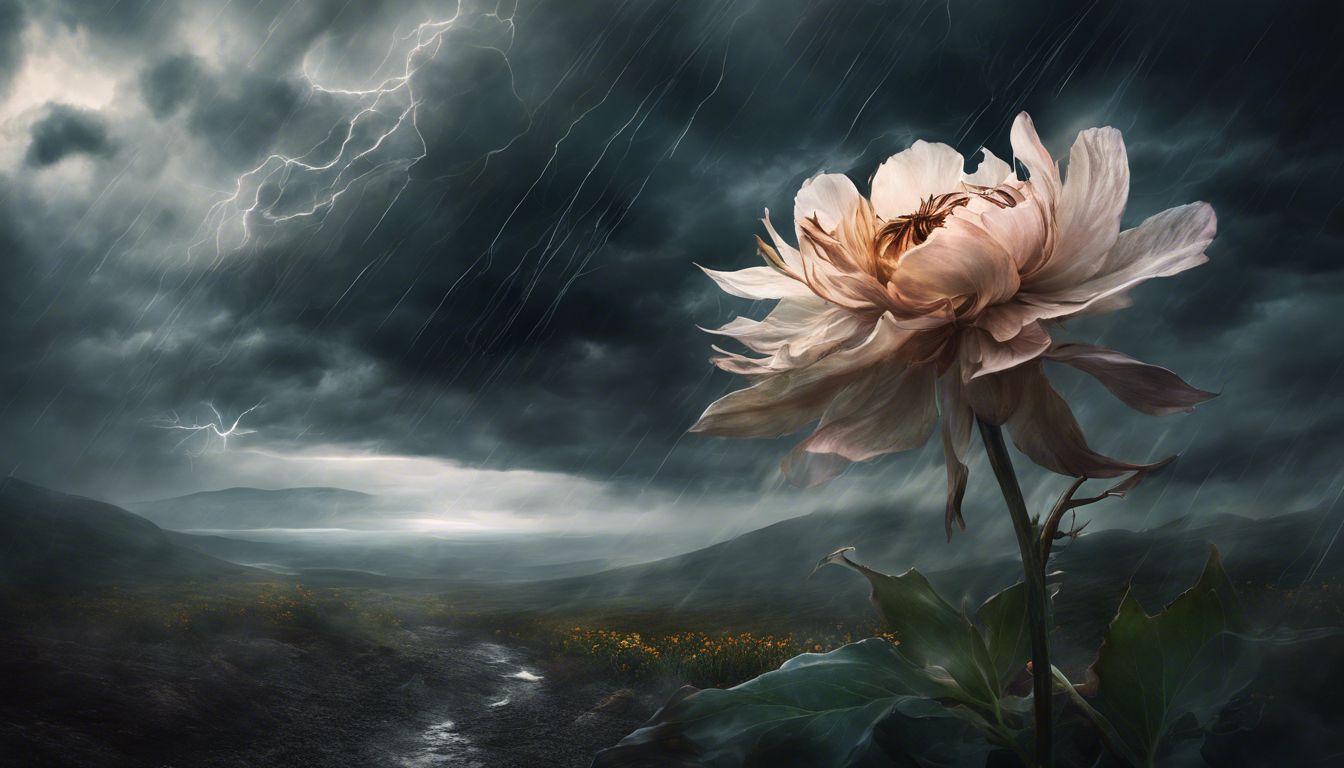 A wilted flower in a stormy atmosphere creates a sense of foreboding.