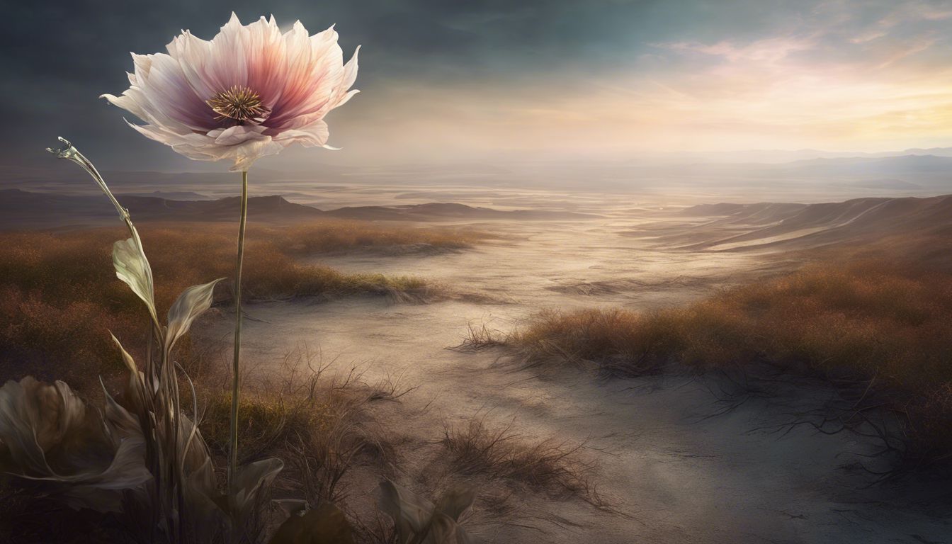 A wilting flower in a barren landscape symbolizes fragility and resilience.