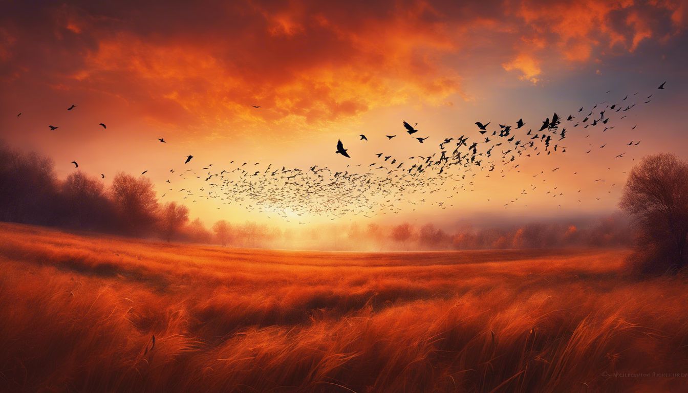 A flock of crows flying through a sunset sky.