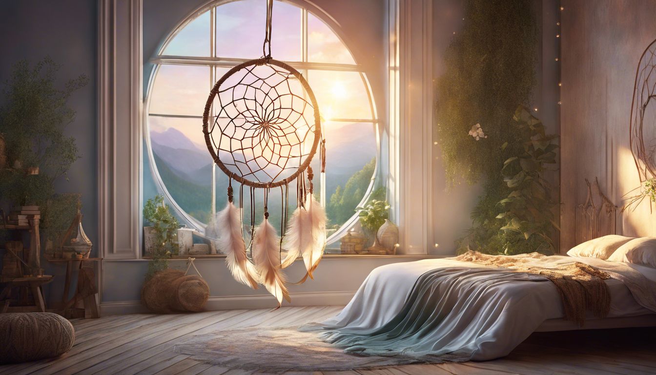 A dream catcher hangs in a calming bedroom with nature-themed decor.