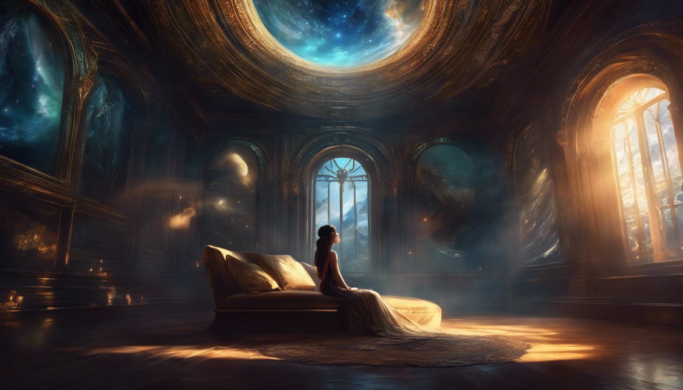 A person surrounded by dream symbolism contemplates in a dim room.
