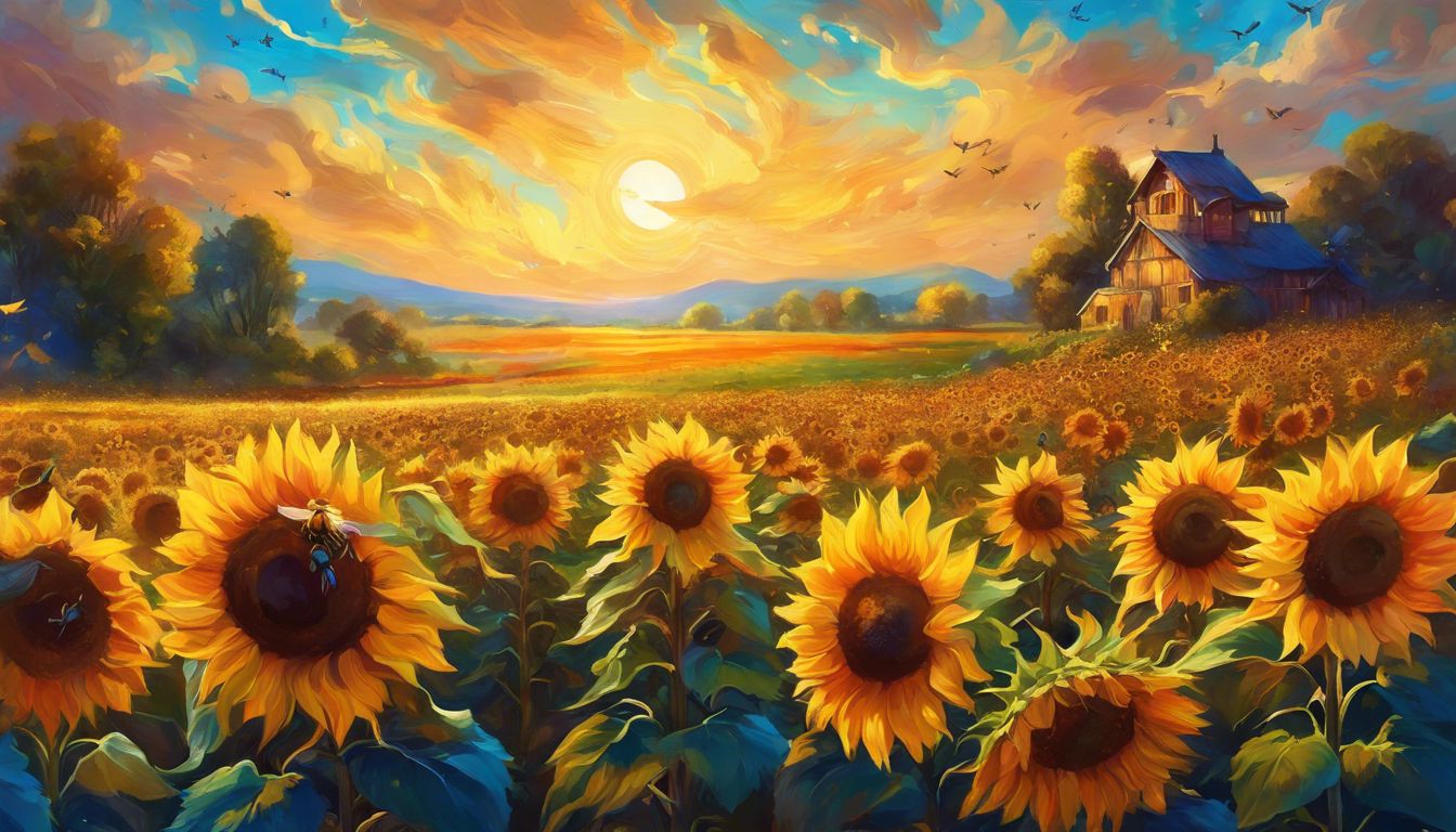 A vibrant field of blooming sunflowers with buzzing bees in summer.